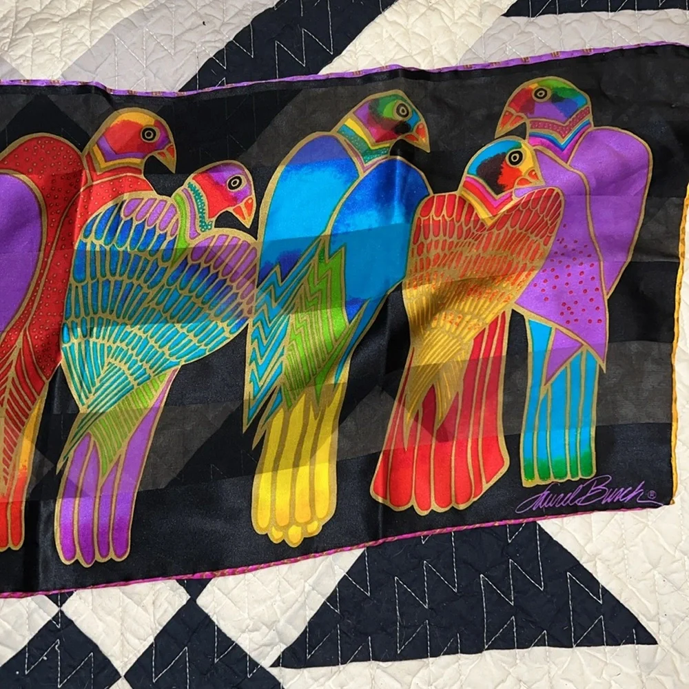 Laurel Burch Parrots silk oblong scarf 52” x 11”
